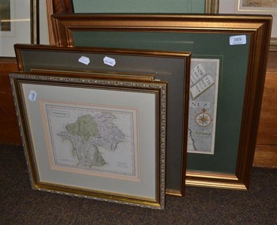 Lot 389 - An antique coloured map, Saxton Kip, Cumbria; framed antique map, Saxton Hole, Northumberland;...