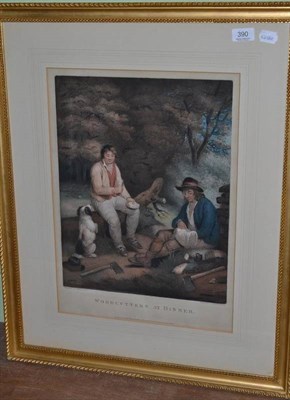 Lot 390 - After George Moorland, gilt framed colour engraving, 'Wood cutters at dinner'; also four framed...