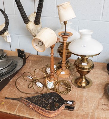 Lot 465 - A pair of brass based lamps with opaque glass...