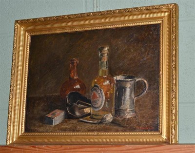 Lot 398 - A * Montezin 19th/20th century, a still life of a pipe, a bottle of brown ale, a pewter tankard and