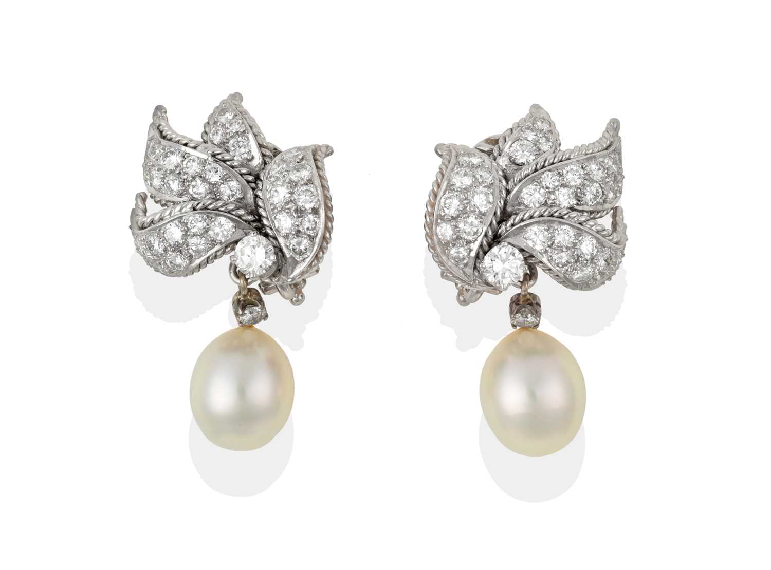 Lot 2040 - A Pair of Diamond and Cultured Pearl Earrings