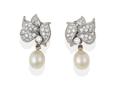 Lot 2040 - A Pair of Diamond and Cultured Pearl Earrings