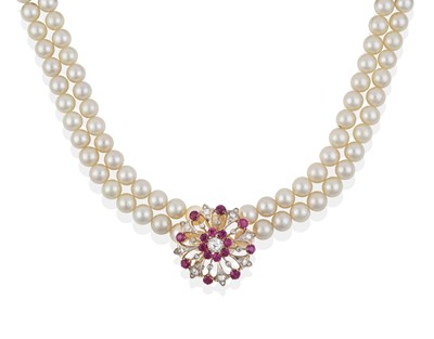 Lot 2049 - A Ruby and Diamond Cluster Brooch and a Double Row Cultured Pearl Necklace