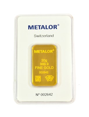 Lot 2249 - Gold bullion, 999.9 gold, weight 20g, stamped...