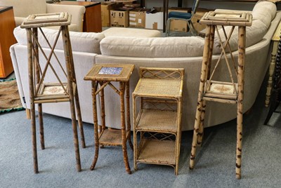 Lot 1415 - ~ Three bamboo and tile top plant stands, and...