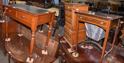 Lot 1334 - ~  A mahogany two drawer writing table, an...