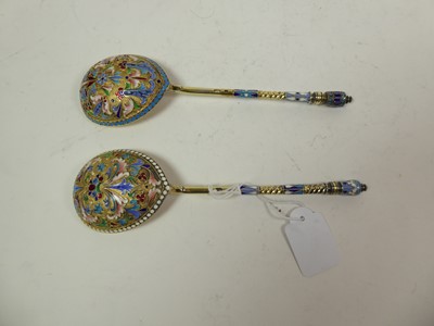 Lot 2226 - Two Russian Silver-Gilt and Enamel Spoons