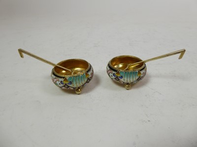 Lot 2224 - A Set of Five Russian Silver-gilt and Enamel Salt-Cellars and Spoons