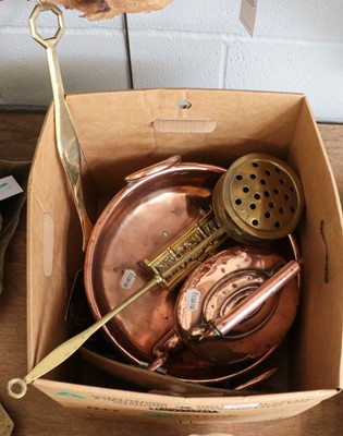 Lot 497 - A copper pan and copper kettle, a small brass...