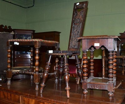 Lot 532 - Carved oak spinning chair, oak plant stand, dressing stool, footstool and an occasional table