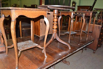 Lot 536 - Small mahogany side table, fitted with a drawer, with folding leaves; two carved oak occasional...