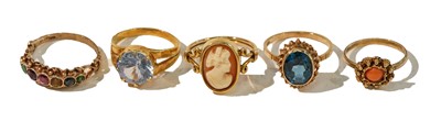 Lot 254 - A cameo ring, unmarked, finger size N; a 9...