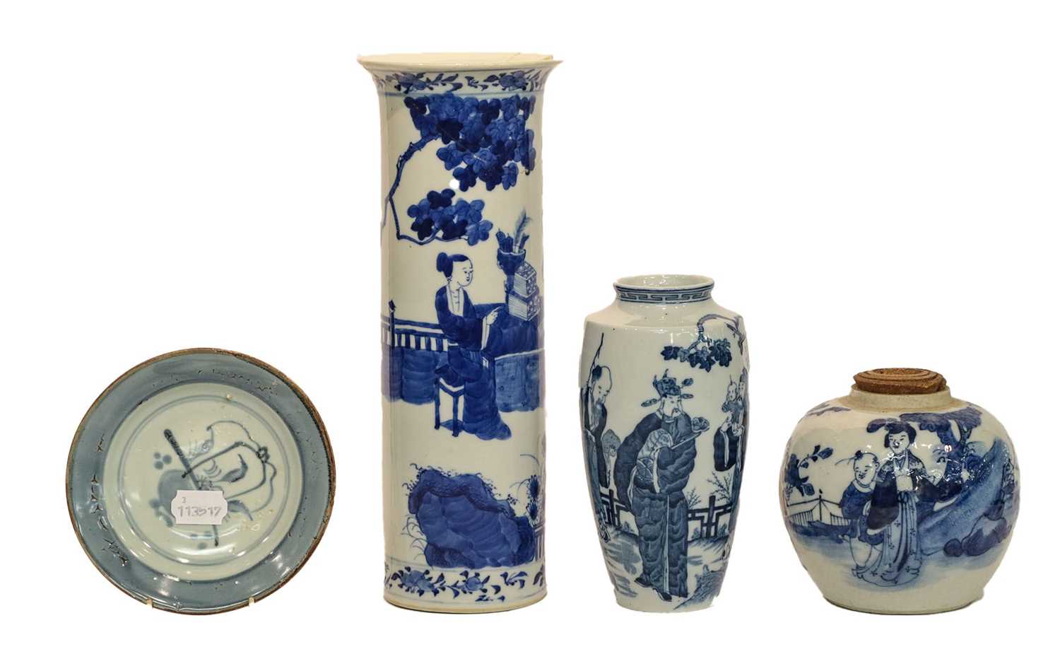 Lot 162 - A Chinese blue and white cylindrical vase with...