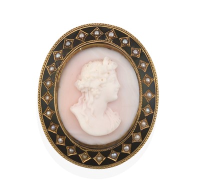 Lot 177 - An enamel and split pearl cameo brooch, last...