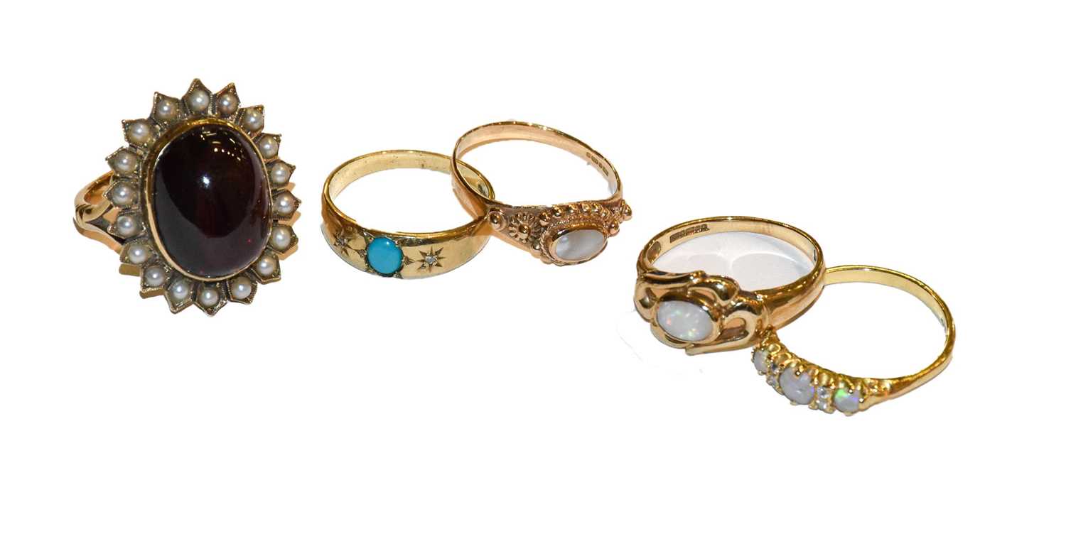 Lot 263 - A 9 carat gold turquoise and diamond three...