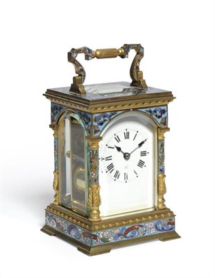 Lot 1018 - A Champleve Enamel Striking Carriage Clock, circa 1900, multi-coloured champleve enamel,...