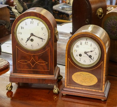 Lot 237 - An Edwardian mahogany inlaid mantel timepiece...