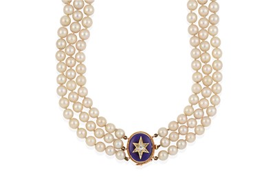 Lot 2279 - A Triple Row Cultured Pearl Necklace with an Enamel and Diamond Clasp