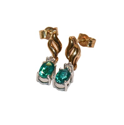 Lot 166 - A pair of 9 carat gold emerald and diamond...
