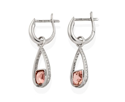 Lot 2423 - A Pair of 18 Carat White Gold Pink Tourmaline and Diamond Drop Earrings