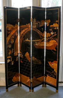 Lot 102 - A modern Chinese lacquered four-fold screen...