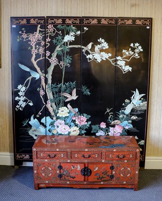 Lot 107 - A Chinese four-fold screen painted with birds...