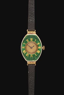 Lot 2208 - West End Watch Co: A Lady's 18 Carat Gold Green Enamel Tonneau Shaped Wristwatch