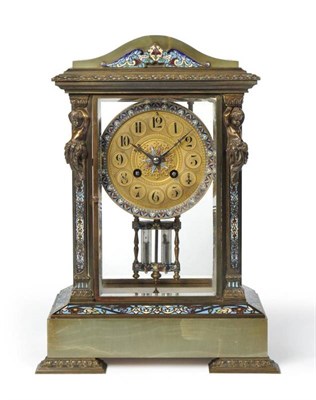 Lot 1026 - A French Champleve Enamel and Onyx Striking Mantel Clock, circa 1890, four-glass case with...