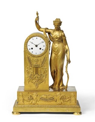 Lot 1027 - A French Empire Ormolu Striking Mantel Clock, figure of a maiden and applied mounts depicting...