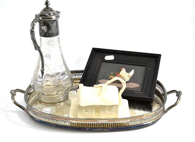 Lot 3 - Florentine mosaic plaque, Belleek butter dish and two plated items