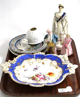 Lot 6 - A tray of decorative ceramics including four ironstone plates, a Staffordshire figure of Queen...