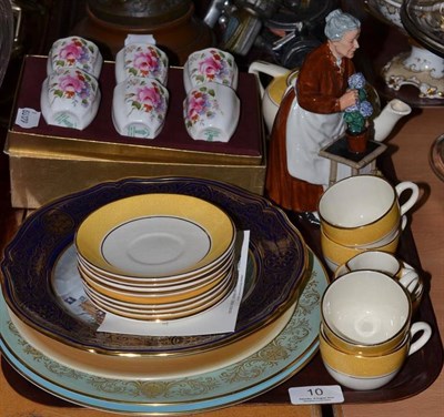 Lot 10 - Six Derby Posies egg cups, Doulton figure, china plates and dolls tea set
