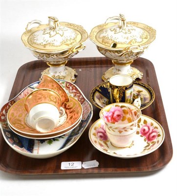 Lot 12 - Pair of English 19th century tureens and covers, cabinet cup and saucer with painted...