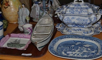 Lot 17 - Pearlware pottery rowing boat, Victorian blue and white tureen, cover and stand, blue and white...