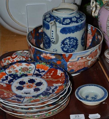 Lot 23 - Imari bowl, Chinese blue and white teapot, various Imari and other plates etc