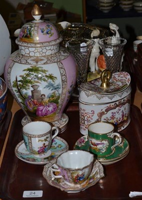 Lot 24 - A Continental sucrier and cover in Meissen style, two Dresden cups and saucers, a Booths coffee cup