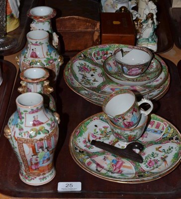 Lot 25 - Five Canton plates, a coffee cup and saucer and four Canton vases