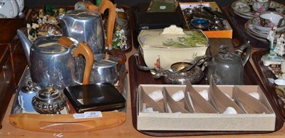 Lot 29 - Piquot ware five piece tea service, clay pipes, carved treen pipes, pewter tea pot, lighters, 1930s