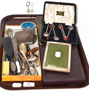 Lot 31 - Silver cigarette case, silver mounted button hooks, silver flatware, silver handled tea knives,...