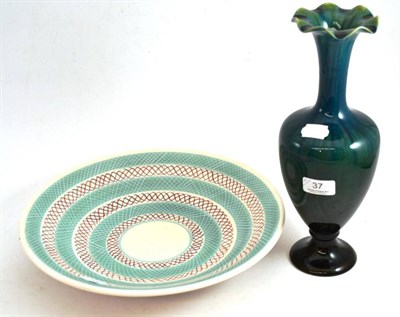 Lot 37 - Linthorpe pottery green and blue glaze baluster vase no. 1638 and a Poole charger