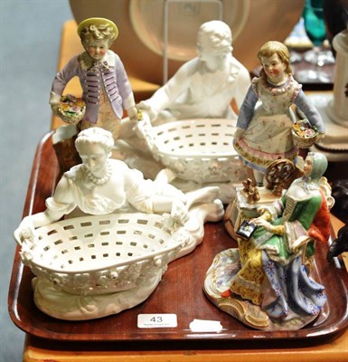 Lot 43 - Pair of Continental white glazed figural sweetmeat baskets with reclining figures, pair of...