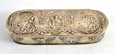 Lot 58 - Oval white metal hinged box embossed with vignettes of figures and portraits, stamped 925
