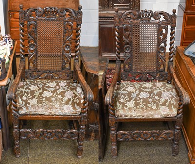 Lot 1446 - A pair of 17th century style carved and caned...