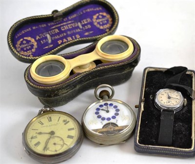 Lot 63 - A silver pocket watch, Hebdomas pocket watch, cased binoculars and a lady's wristwatch
