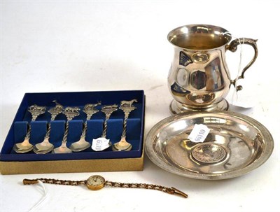 Lot 64 - A silver baluster mug, Birmingham 1964, a lady's 9ct gold wristwatch, a set of six teaspoons...
