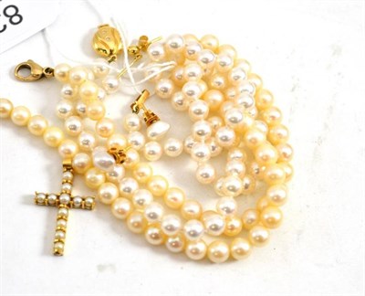 Lot 83 - Two cultured pearl necklaces, a cultured pearl cross pendant and two pairs of earrings