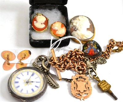 Lot 93 - A group of jewellery including a cameo brooch (a.f.), a lady's fob watch and chain, a butterfly...