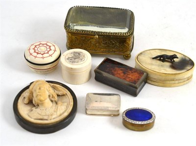 Lot 100 - Plaster portrait medallion, snuff boxes, modern sterling silver snuff box, circa 1920s ivory...