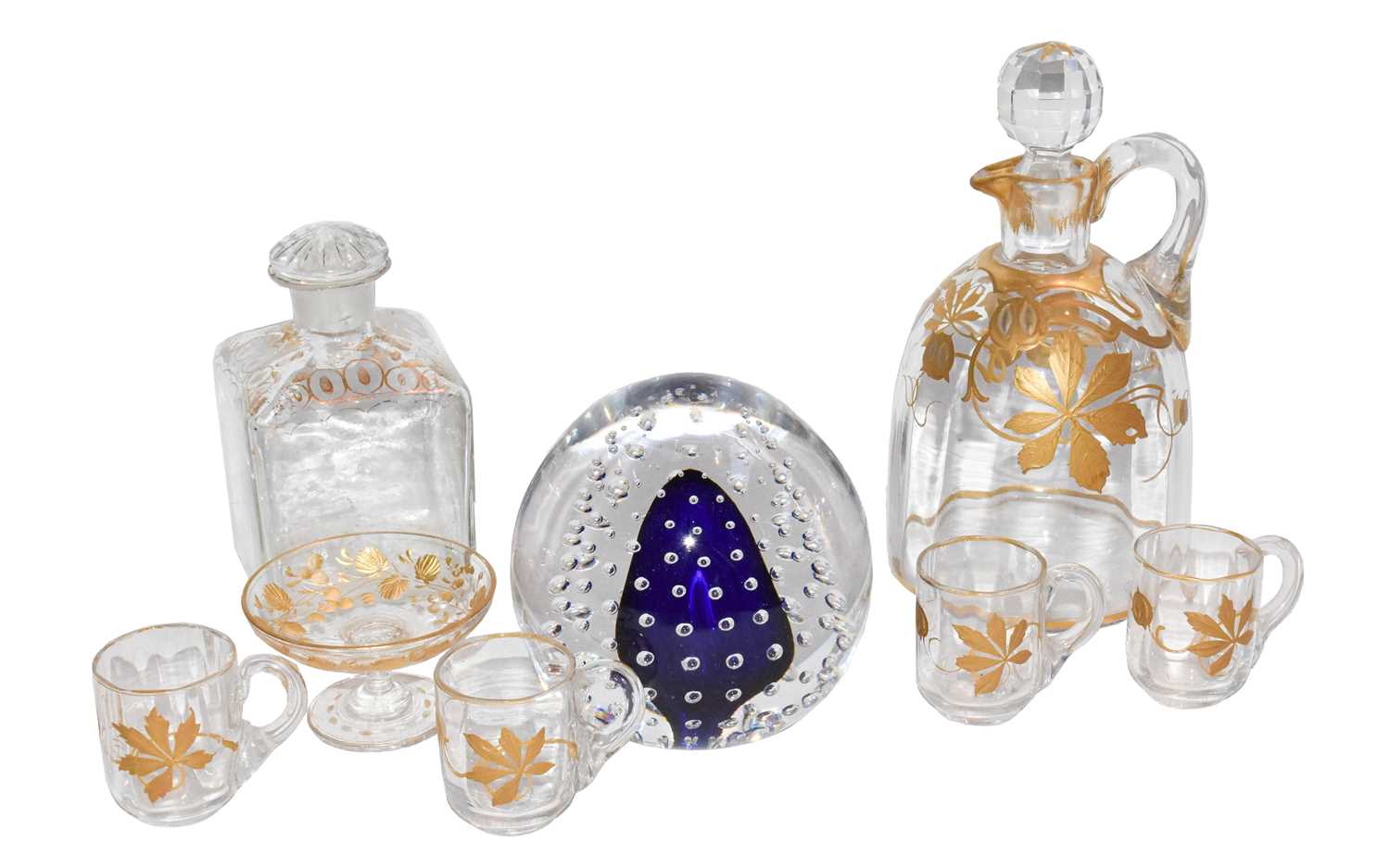 Lot 47 - Six coloured glass scent bottles with gilt and...