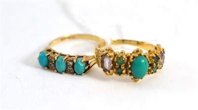 Lot 105 - A 9ct gold turquoise and diamond ring, three cabochon turquoise spaced by pairs of eight-cut...